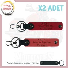 Motorcu Için Özel Isim Plaka ve A Rh (-) Kan Grubu Yazılı Deri X2 Anahtarlık, Nar Çiçeği-Kırmızı-Syh