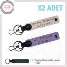 Deri Üzerine Kazınmış Kişiye Özel Ikili Anahtarlık Seti Isim ve Plaka Yazılı , Mor Menekşe-Pudra-Ysl