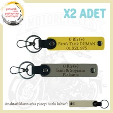 Sürücülere Isim Plaka ve 0 Rh (+) Kan Grubu Yazılı Kişiye Özel X2 Anahtarlık Takımı, Kül Gri-Sarı-Sk