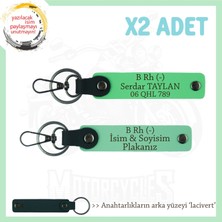 Motosiklet Sürücüsüne Özel Isim Plaka ve B Rh (-) Kan Grubu Yazılı X2 Anahtarlık, Yeşil-F Yeşil-Laci