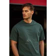 Wisely Oversize Geniş Kalıp Bisiklet Yaka Düz Kısa Kollu 30/1 Süprem Yeşil Tişört