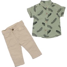 Erkek Bebek Yeşil Bej Müslin Tüy Desenli Gömlekli 2'li Takım - 1015753