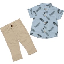 Erkek Bebek Mavi Bej Müslin Tüy Desenli Gömlekli 2'li Takım - 1015754