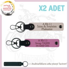 Motorcuya, Isim Plaka ve A Rh (-) Kan Grubu Yazılı Özel Tasarım Deri X2 Anahtarlık, Pudra-Pembe-Laci