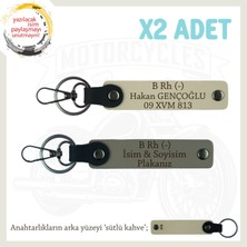 Motor Severlere Özel, Isim Plaka ve B Rh (-) Kan Grubu Yazılı X2 Anahtarlık Set, Kül Gri-S Kahve-Sk