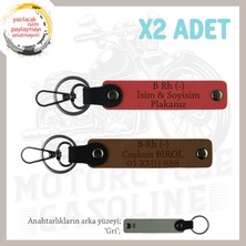 Biker Stiline Özel, Isim Plaka ve B Rh (-) Kan Grubu Yazılı Motor X2 Anahtarlık, Nar Çiçeği-Kahve-Gr