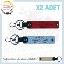 Biker Stiline Özel, Isim Plaka ve A+ Kan Grubu Yazılı Anlamlı Motor X2 Anahtarlık, Kırmızı-Mavi-Sk