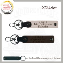 Motosiklet Severlere Özel, Isim Plaka ve 0 Rh (-) Kan Grubu Yazılı X2 Anahtarlık, Pudra-K Kahve-Laci