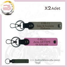 Motorcu Yolculara Özel, Isim Plaka ve 0 Rh (-) Kan Grubu Yazılı X2 Anahtarlık, Kül Gri-Pembe-Ysl