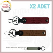 Motosiklet Tutkunlarına, Isim Plaka ve A Rh (-) Kan Grubu Yazılı Deri X2 Anahtarlık, Kahve-Bordo-Gr