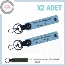 Tüm Sürücüler Için Uygun Özel Isim ve Plaka Yazılı Hediyelik Deri Anahtarlık 2li Set, Mavi-Yeşil