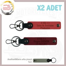 Motorcu Tarzına Özel, Isim Plaka ve 0 Rh (-) Kan Grubu Yazılı 2'li Anahtarlık, Nar Çiçeği-Bordo-Gr