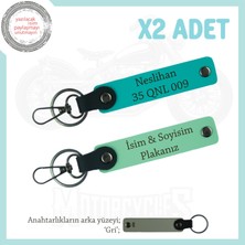 Motorculara Özel Ikili Set – Kişiye Özel Plaka ve Isim Yazılı Deri Anahtarlık, Yeşil-K Turkuaz-Gr