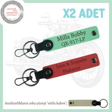 Motosiklet Severlere, Isim ve Plaka ve Yazılı Özel Tasarım X2 Deri Anahtarlık, Nar Çiçeği-Yeşil-Sk