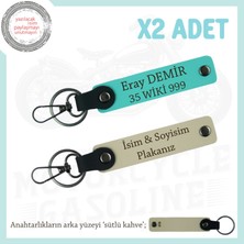 Motosiklet Tutkunlarına Özgü, Isim ve Plaka Yazılı Deri X2' Li  Anahtarlık, Sütlü Kahve-Turkuaz-Sk