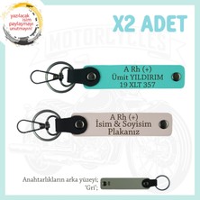 Motorcu Yolculara Özel, Isim Plaka ve A Rh (+) Kan Grubu Yazılı Deri X2 Anahtarlık, Pudra-Turkuaz-Gr