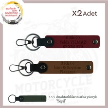 Motosiklet Tutkunlarına, Isim Plaka ve 0 Rh (-) Kan Grubu Yazılı Deri X2 Anahtarlık, Kahve-Bordo-Ysl