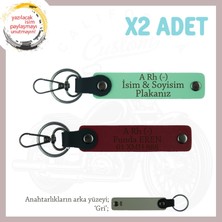 Motorcu Dostlara Özel, Isim Plaka ve A Rh (-) Kan Grubu Yazılı X2 Anahtarlık Set, Yeşil-Bordo-Gr