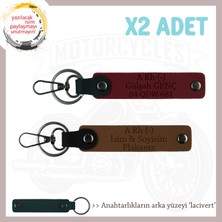 Motosiklet Tutkunlarına Isim Plaka ve A Rh (-) Kan Grubu Yazılı Deri X2 Anahtarlık, Kahve-Bordo-Laci