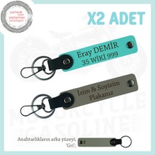 Isim ve Plaka Işlemeli Deri 2’li Anahtarlık – Şık ve Kalıcı Hediye Alternatifi, Kül Gri-Turkuaz-Gr
