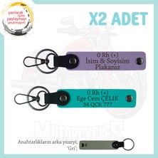 Motosiklet Severlere, Isim Plaka ve 0 Rh (+) Kan Grubu, Acil Durum X2 Anahtarlığı, Mor-K Turkuaz-Gr