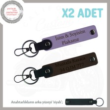 Motor Sevdalılarına Kişiye Özel Isim ve Plaka Yazılı 2’li Deri Anahtarlık Hediye, Mor-K Kahve-Syh