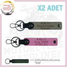 Motorcu Yolculara Özel, Isim Plaka ve B Rh (+) Kan Grubu Yazılı X2 Anahtarlık, Kül Gri-Pembe-Ysl
