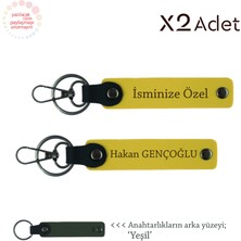 Yeni Evlilere Şık Hediye, Isim & Soyisim Yazılı 2’li Anahtarlık Seti, Sarı-Yeşil
