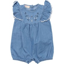 Kız Bebek Mavi Çiçek Nakışlı Fırfırlı Fistolu Nakışlı Kot Tulum - 1015750