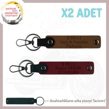 Motosiklet Tutkunlarına Isim Plaka ve B Rh (-) Kan Grubu Yazılı Deri X2 Anahtarlık, Kahve-Bordo-Laci