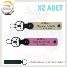 Motorcu Dostlara Özel Isim Plaka ve 0 Rh (+) Kan Grubu Yazılı Deri X2 Anahtarlık, Pembe-S Kahve-Laci