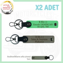 Motorcu Dostlara, Isim Plaka ve B - Kan Grubu Yazılı Güvenli Sürüş X2 Anahtarlık, Kül Gri-F Yeşil-Gr