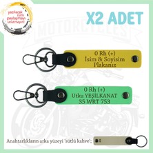 Bikerlar Için Özel, Isim Plaka ve 0 Rh (+) Kan Grubu Yazılı Hediyelik X2 Anahtarlık, Sarı-F Yeşil-Sk