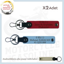 Biker Stiline Özel, Isim Plaka ve 0- Kan Grubu Yazılı Anlamlı Motor X2 Anahtarlık, Kırmızı-Mavi-Sk