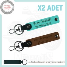 Biker Tarzına Uygun, Kişiye Özel Plaka ve Isim Yazılı 2’li Deri Anahtarlık, Kahve-Turkuaz-Laci