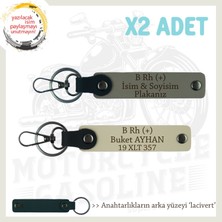 Motor Severlere Özel, Isim Plaka ve B Rh (+) Kan Grubu Yazılı X2 Anahtarlık, Kül Gri-S Kahve-Laci