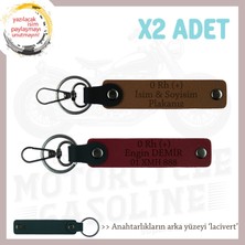 Motosiklet Tutkunlarına Isim Plaka ve 0 Rh (+) Kan Grubu Yazılı Deri X2 Anahtarlık, Kahve-Bordo-Laci