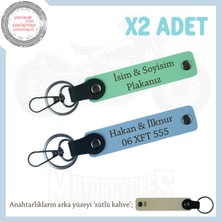 Minimal Tasarımlı 2’li Deri Anahtarlık – Plaka ve Isim Yazılı Özel Üretim, Yeşil-Gök Mavi-Sk