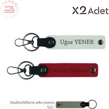 Öğrenciye Doğum Günü Hediyesi, Isimli & Soyisimli 2’li Anahtarlık Seti, Kırmızı-Beyaz-Gri