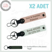 Miaju Motorcu Tarzına Uygun, Isim ve Plaka Yazılı X2 Anahtarlık, Hediyelik Deri Set, Yavruağzı-Beyaz-Ysl