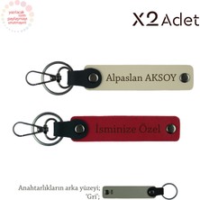 Miaju Arkadaşa Anlamlı Jest, Isim Yazılı 2’li Anahtarlık Hediye Takımı, Kırmızı-Sütlü Kahve-Gri