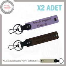 Miaju Motor Stiline Uygun, Kişiye Özel Deri 2’li Anahtarlık, Plaka ve Isim Yazılı, Mor Menekşe-K Kahve-Sk