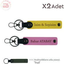 Miaju Akrabaya Şık Hediye, Isim ve Soyadı Yazılabilen 2’li Deri Anahtarlık Seti, Sarı-Pembe-Yeşil
