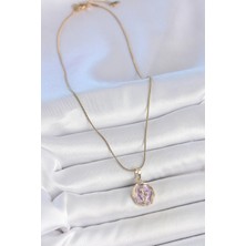 316L Çelik Gold Renk Zincir Mor Mineli Çiçek Işlemeli Portre Model Kadın Kolye - Bamido