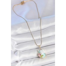 316L Çelik Gold Renk Zincir Mavi Mineli Incili Çiçek Işlemeli Portre Model Kadın Kolye - Bamido