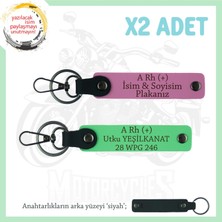 Hız Tutkunlarına Özel, Isim Plaka ve A Rh (+) Kan Grubu Yazılı Deri X2 Anahtarlık, Pembe-F Yeşil-Syh