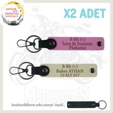 Motorcu Dostlara Özel, Isim Plaka ve B Rh (+) Kan Grubu Yazılı Deri X2 Anahtarlık, Pembe-S Kahve-Syh