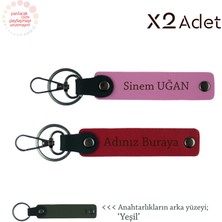 Miaju Çiftlere Anlamlı Armağan, Isim & Soyisim Yazılı 2’li Anahtarlık Seti, Kırmızı-Pembe-Yeşil