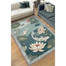 Homshtag Art Deco Göl Desenli Halı Bitki Temalı Yeşil Renkli Gölcük Desenli Dijital Baskı Halı