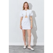 Kadın Ekru Karpuz Kollu Önü Düğmeli Mini Elbise